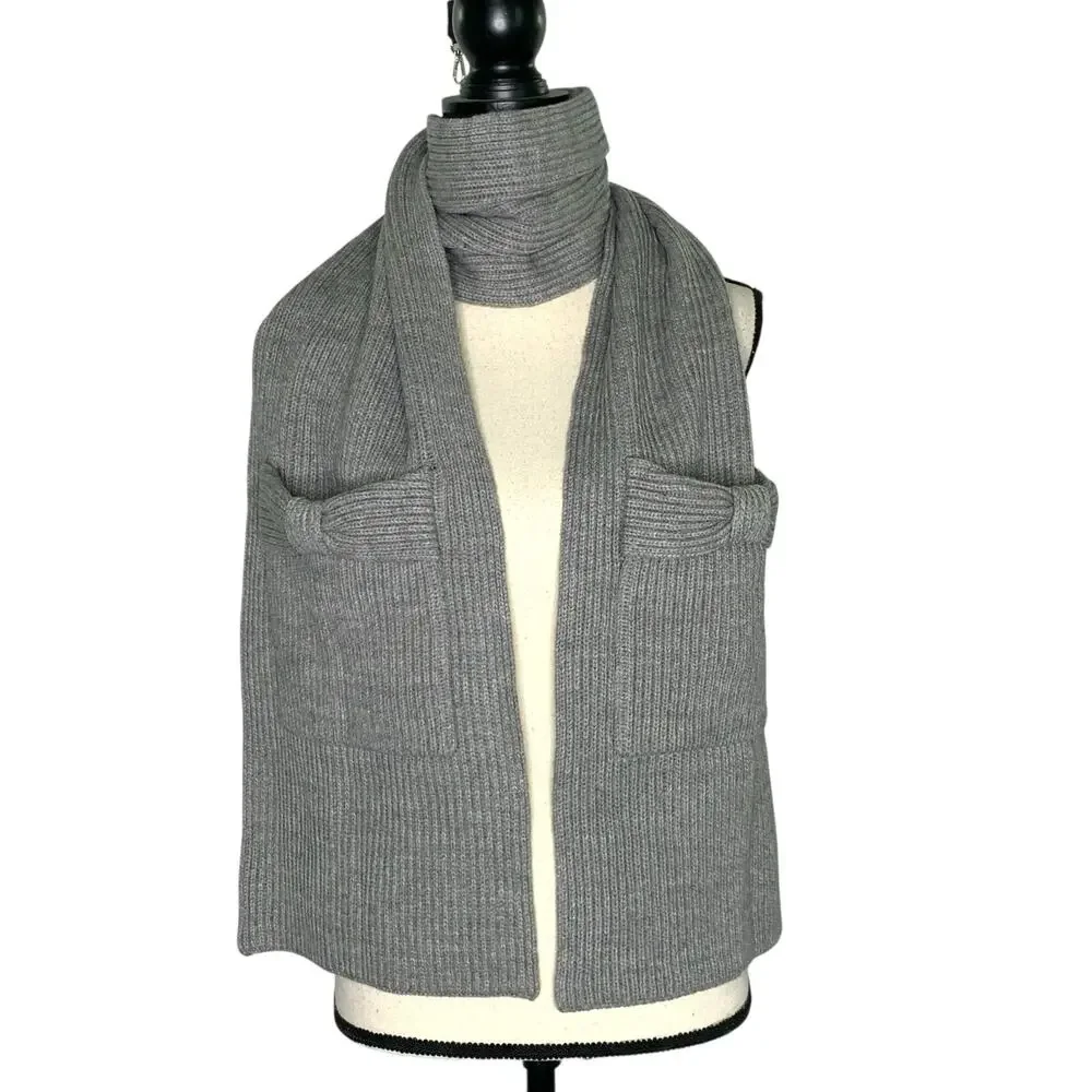 Kate Spade New York OS Gray Half Bow Knit Scarf Ribbed Preppy Pockets Designer